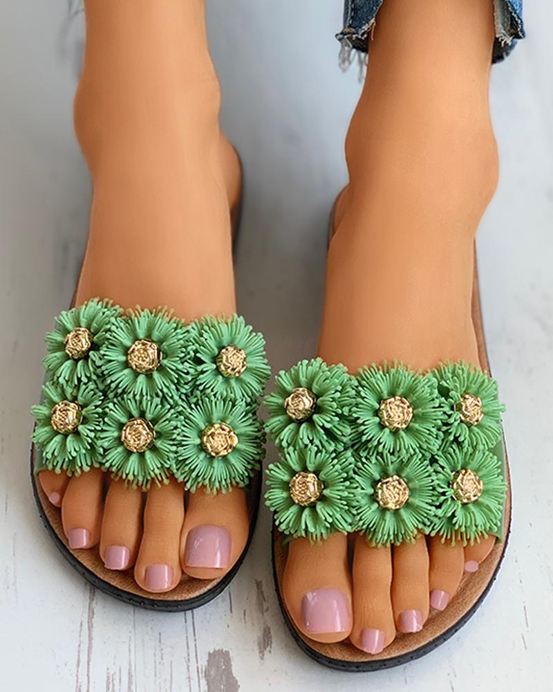 

Floral Pattern Detail Open Toe Flat Slider Sandals, Green