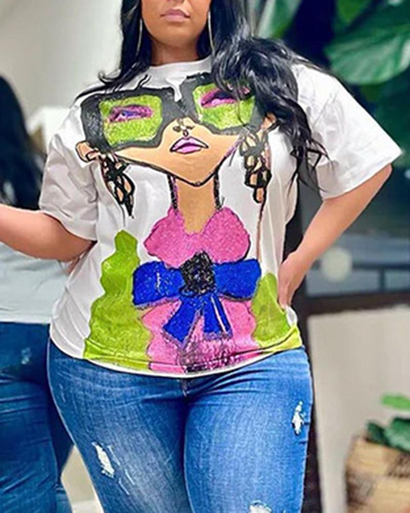 

Cartoon Figure Half Sleeve Casual T-shirt, White