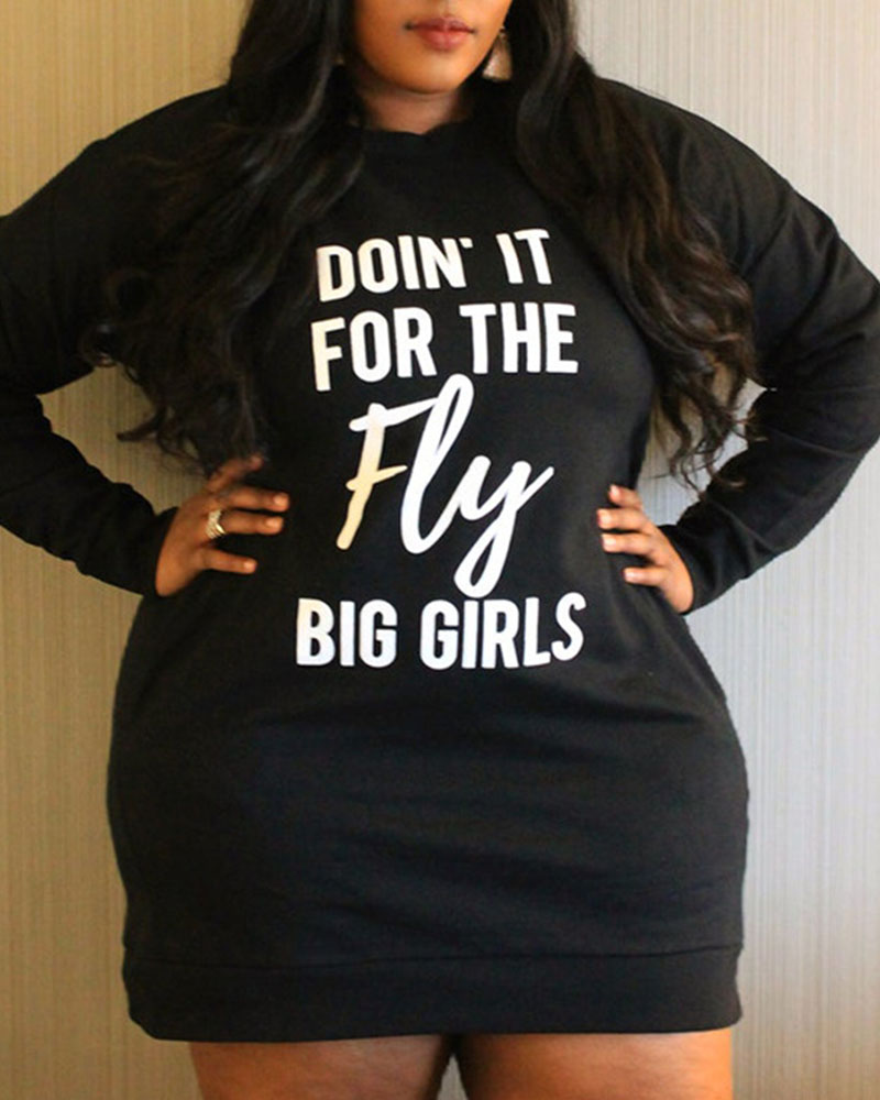 

Plus Size Letter Print Hooded Sweatshirt Dress, Black