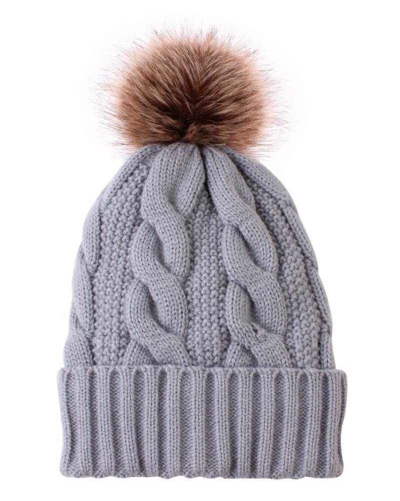 

1pc Pom Pom Decor Cable Knit Warm Fleece Lined Beanie, Gray