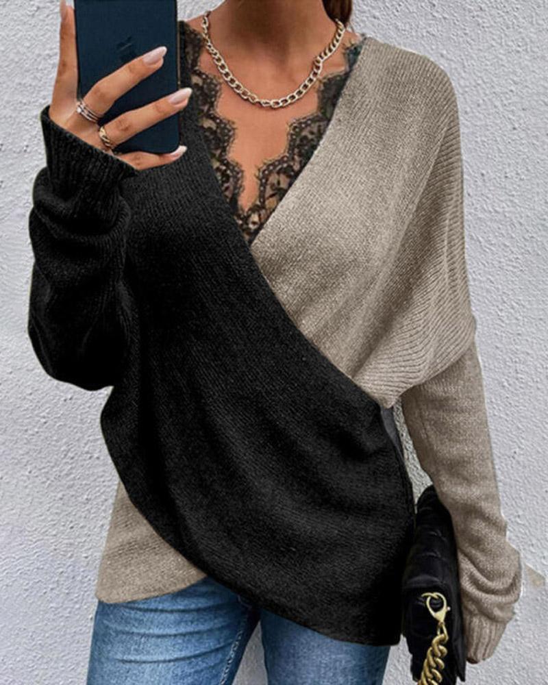 

Colorblock Contrast Lace V-Neck Wrap Sweater, Khaki