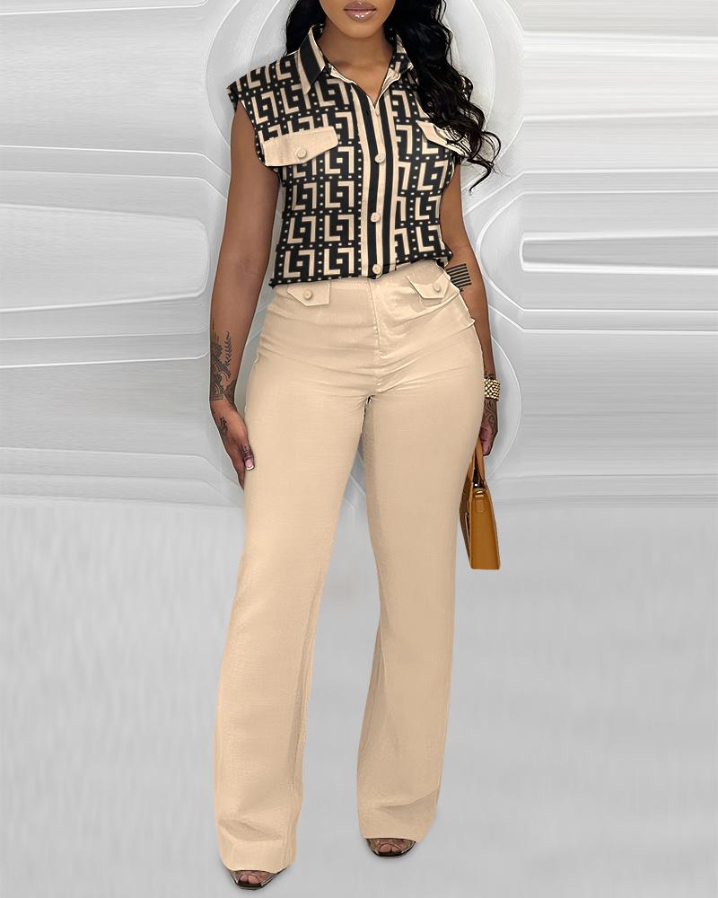 

Geometric Print Pocket Design Top & Casual Pants Set, Apricot