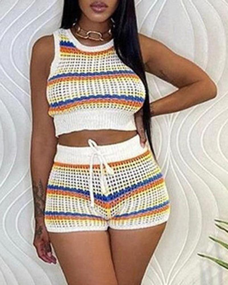 

Striped Crochet Top & Drawstring Shorts Set, White