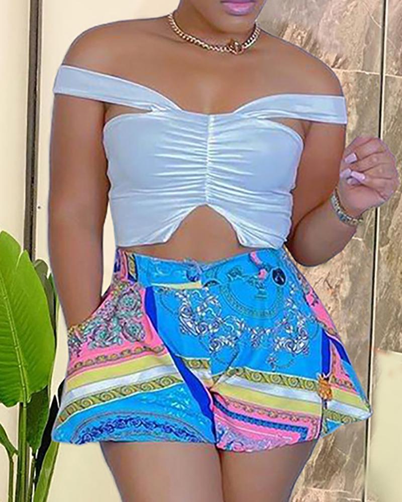

Scarf Print Pocket Design Shorts, Blue