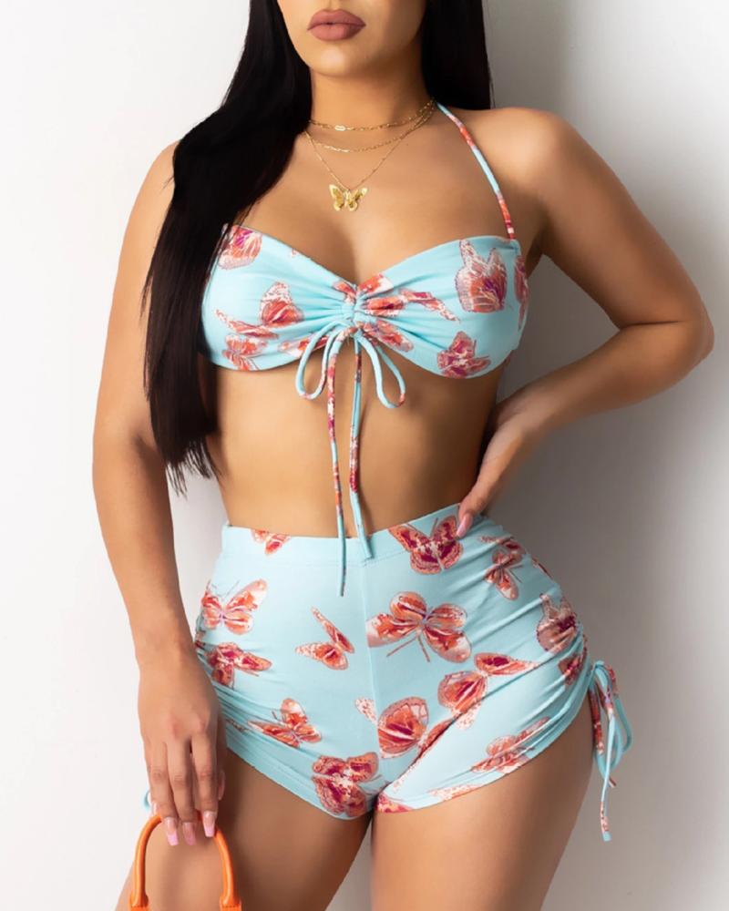 

Halter Butterfly Print Backless Top & Shorts Set, Blue