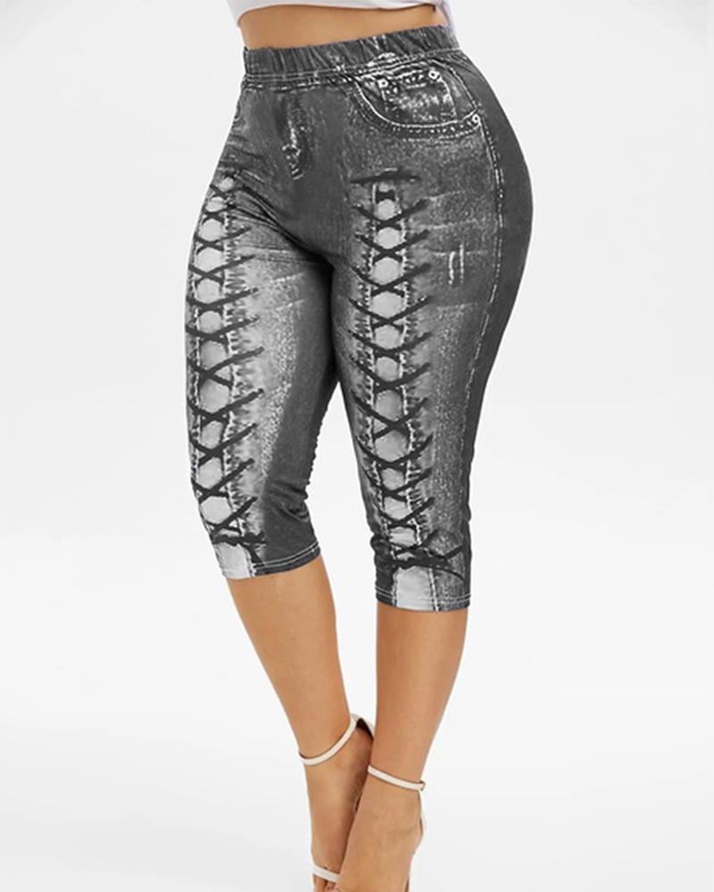 

Women' Faux Denim Printed Skinny Short Yoga Pants, Gray
