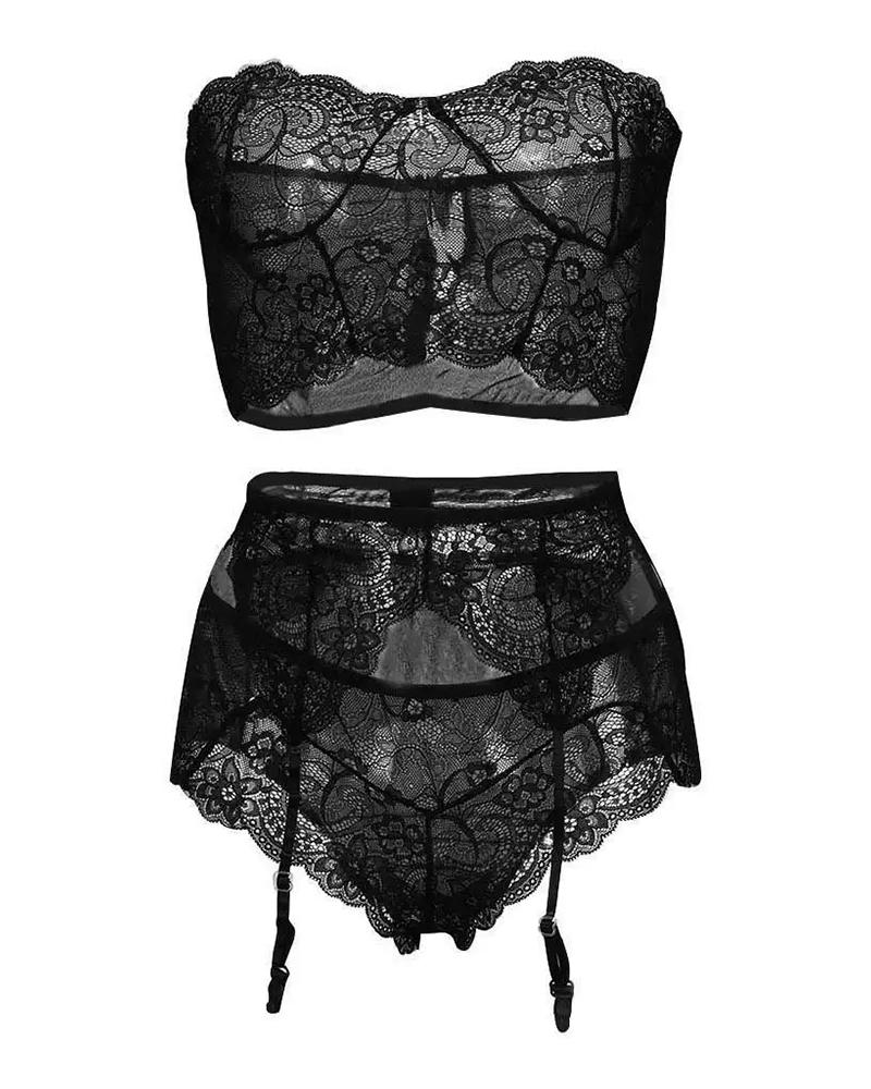 

3PCS Off Shoulder Lace Trim Sexy Set With Garter, Black