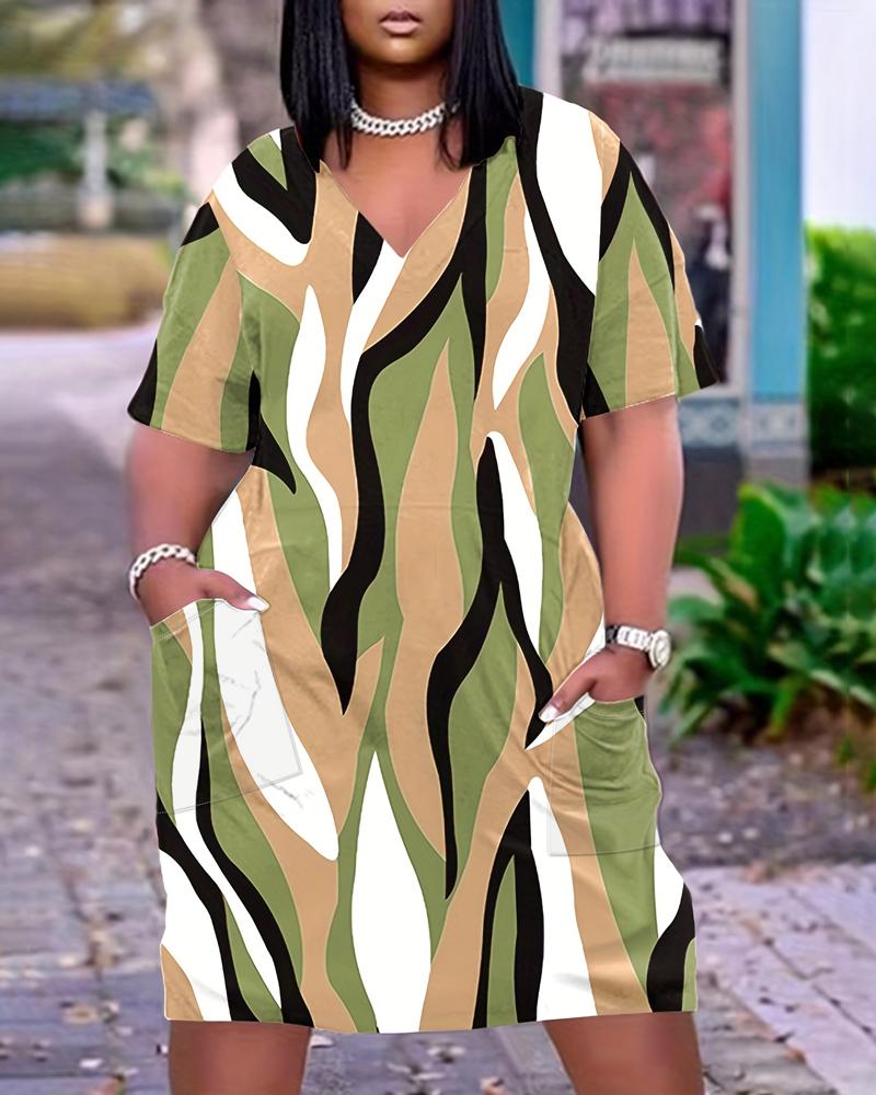 

Plus Size Abstract Print Pocket Design Casual Dress, Green