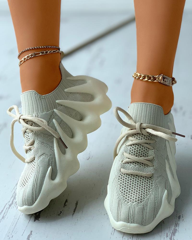 

Colorblock Lace-up Knit Breathable Sneakers, Apricot