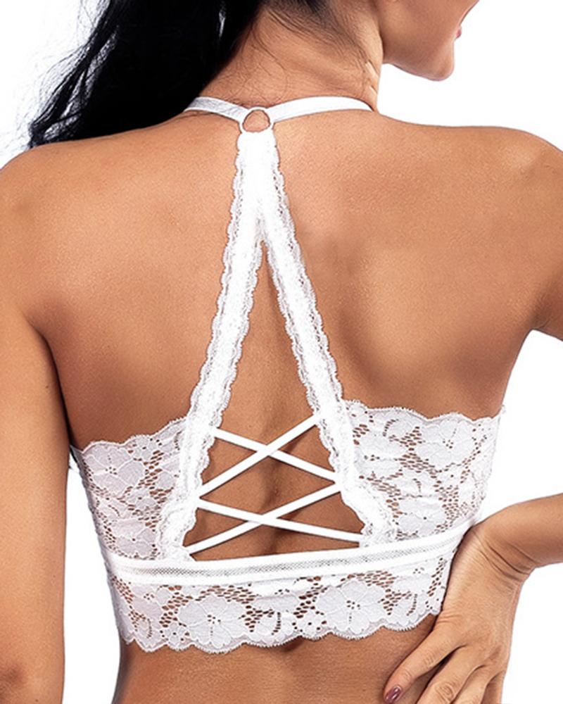 

Crochet Lace Crisscross Wireless Lifting Bra, White