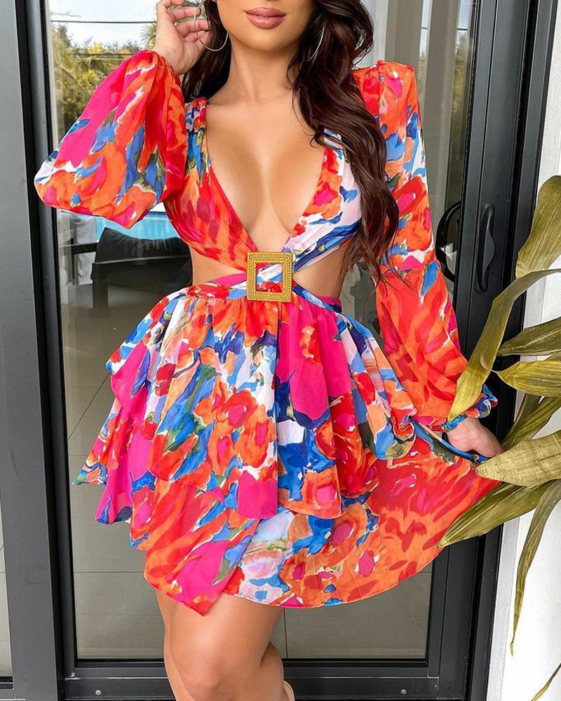 

Abstract Print Cut-Out Layered Dress, Multicolor