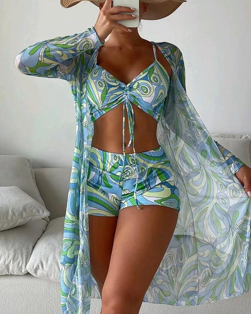 

3PCS Abstract Print Drawstring Bikini Set With Cover Up, Green