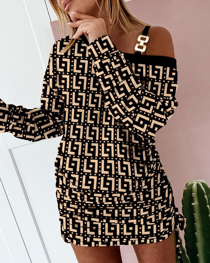 

Geometric Print Cold Shoulder Drawstring Long Sleeve Dress, Khaki
