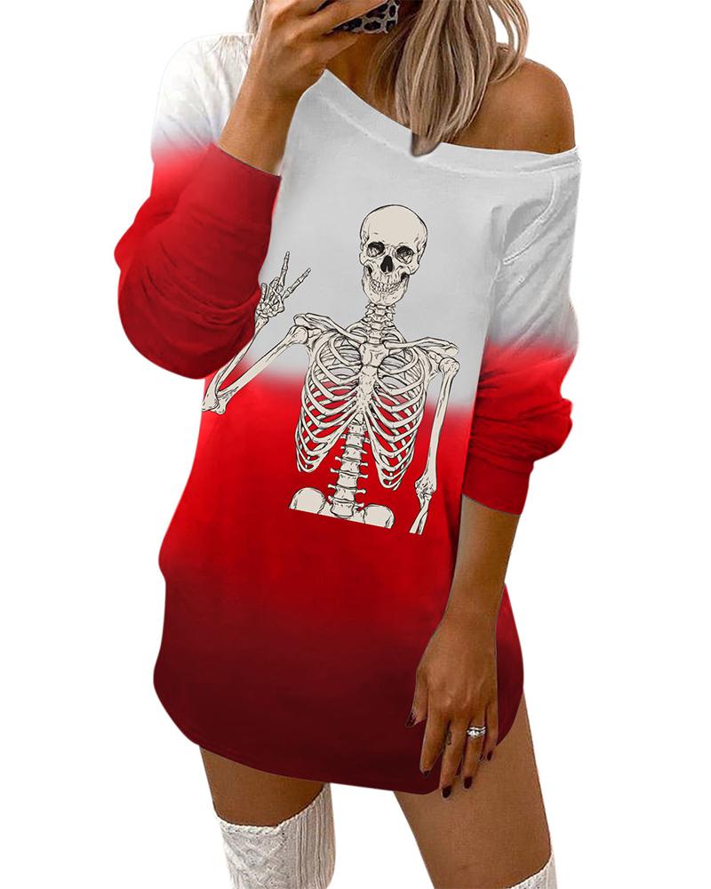 

Halloween Skeleton Print Colorblock Sweatshirt Casual Dress, Red