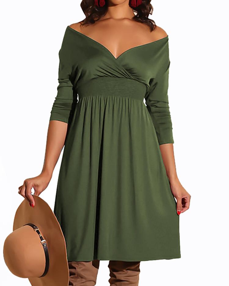 

Off Shoulder Shirred Waist Pleated Dress, Army green