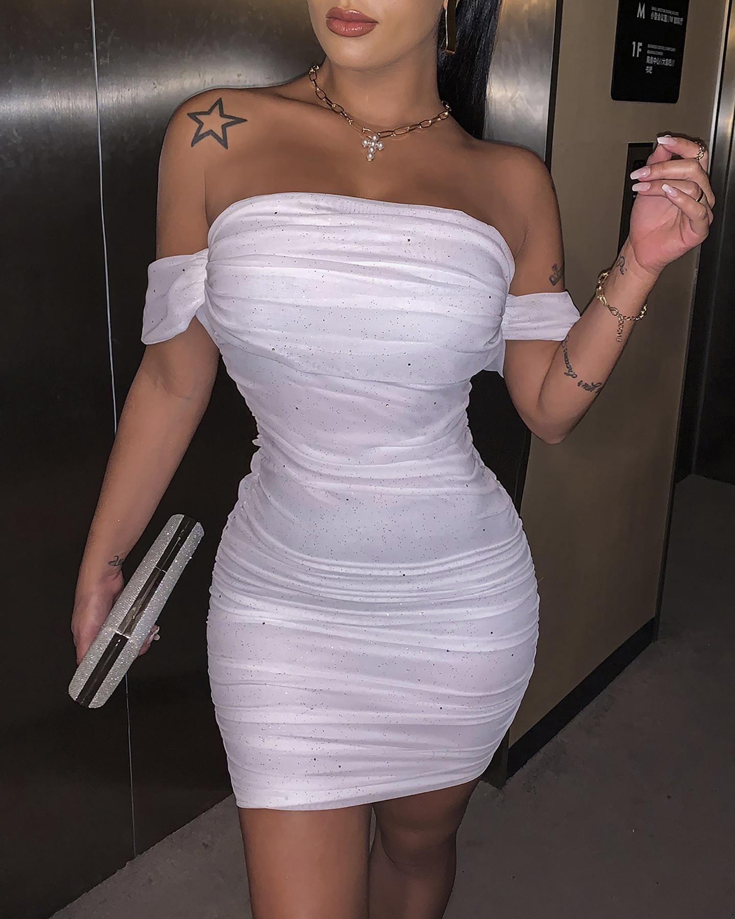 

Off Shoulder Ruched Party Dress, White