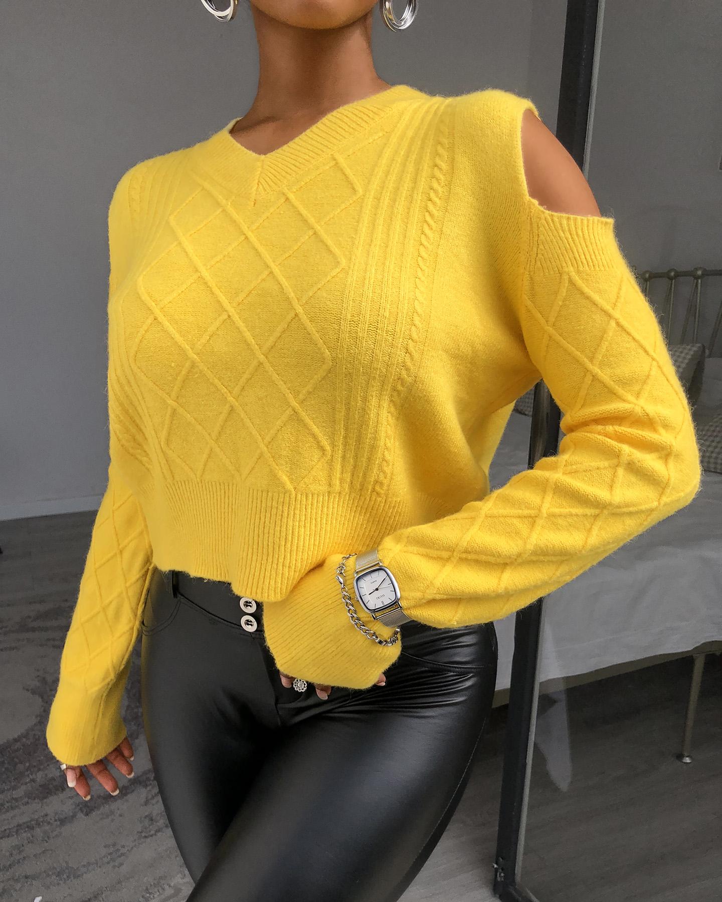 

Cold Shoulder Cable Knit Long Sleeve Sweater, Yellow