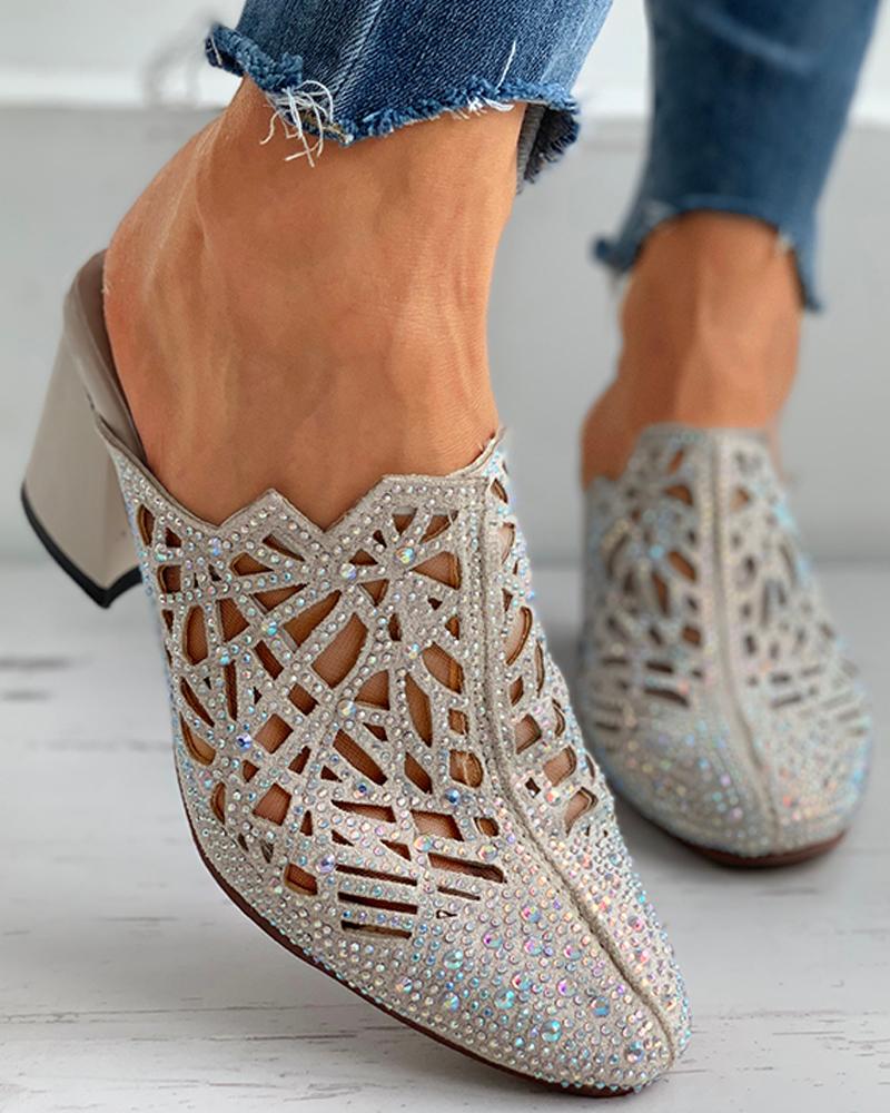 

Studded Cutout Close Toe Chunky Heels, Beige