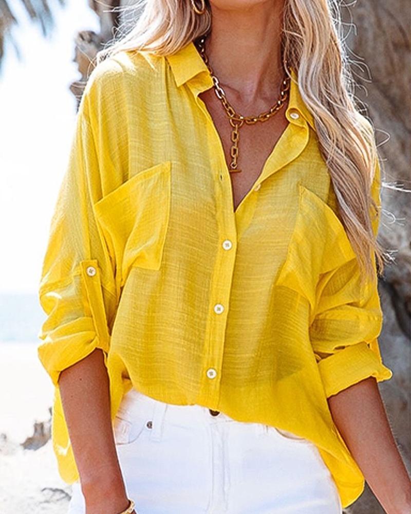

Long Sleeve Patch Pocket Button Down Shirt, Yellow