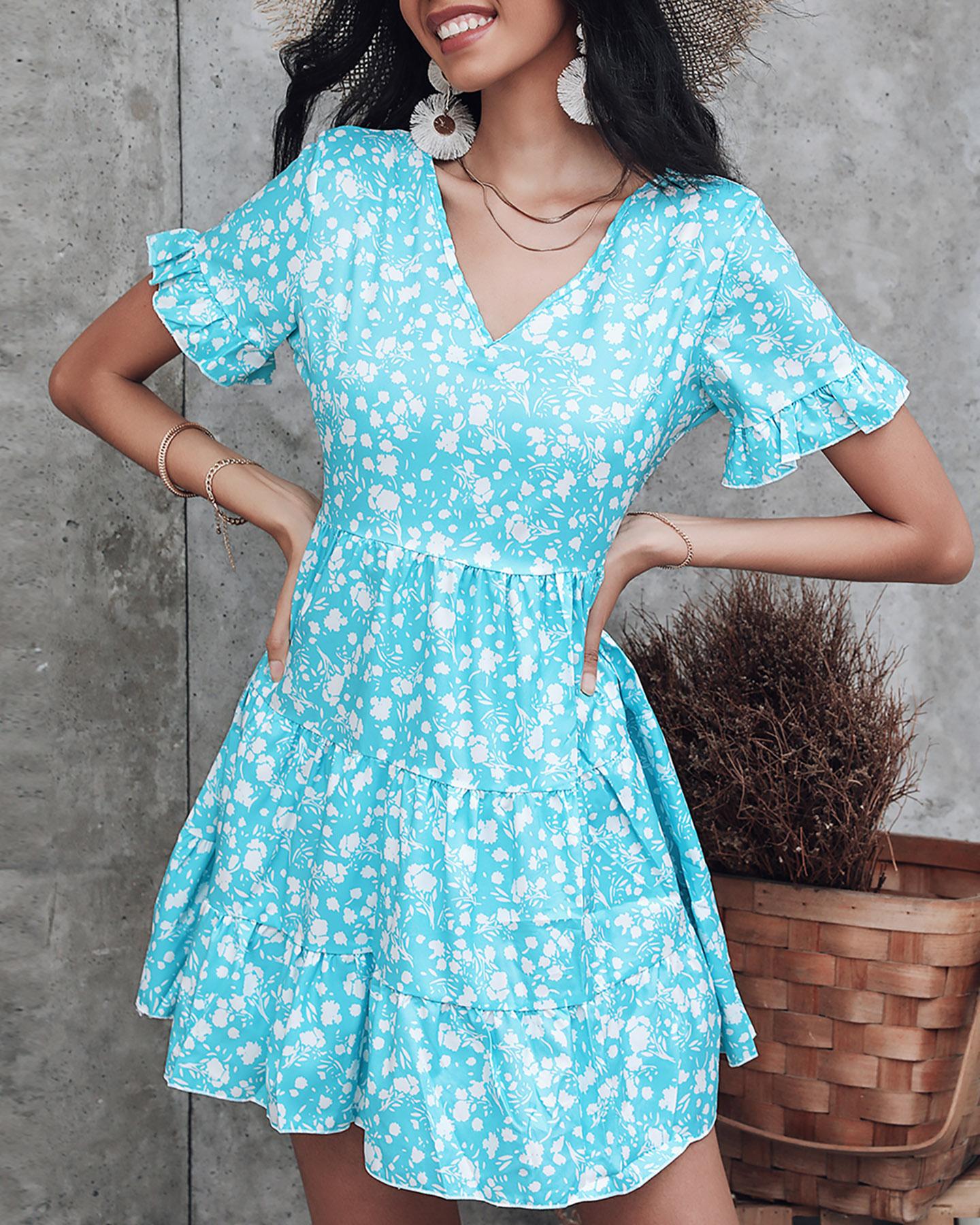 

Ditsy Floral Dot V-Neck Mini Dress, Blue