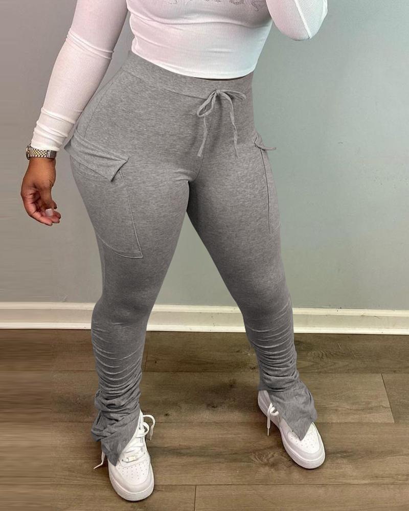 

Slit Ruched Drawstring High Waist Skinny Pants, Gray