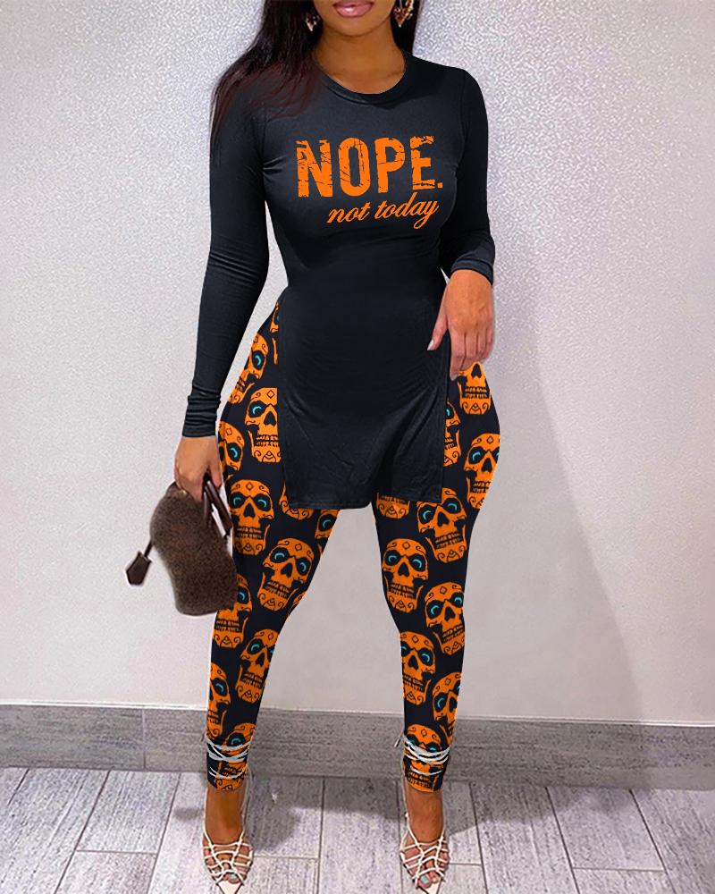 

Halloween Letter Skull Print Split Hem Top & Pants Set, Orange