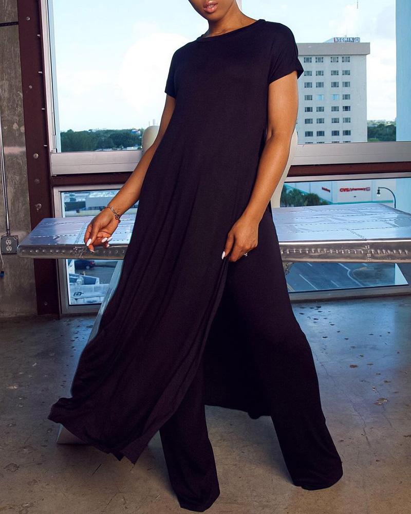 

Plus Size Short Sleeve Asymmetrical Top & Pants Set, Black