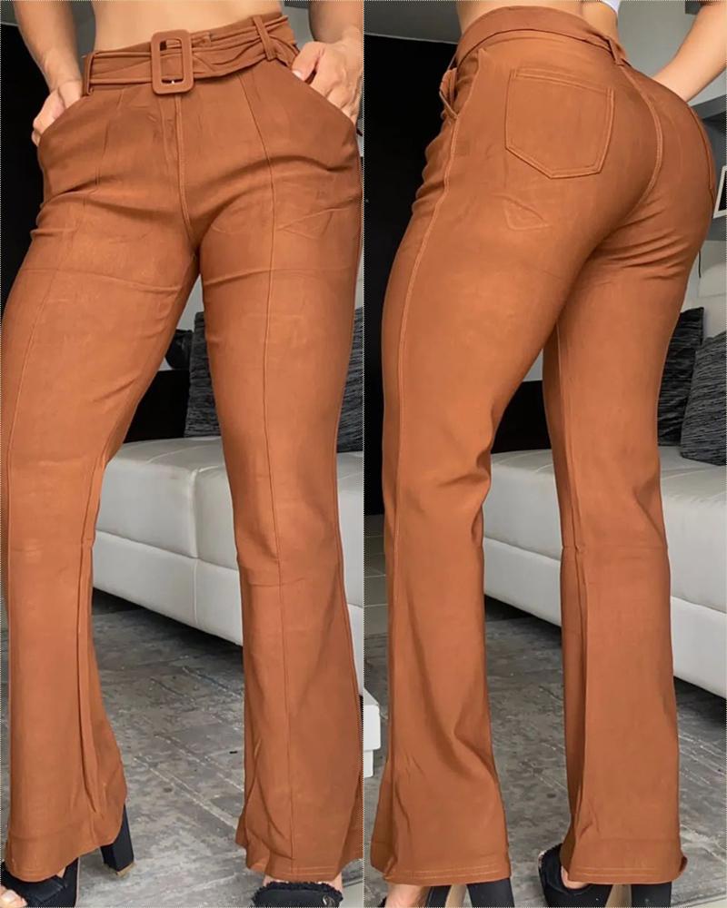 

High Waist Pocket Design Bootcut Work Pants, Brown