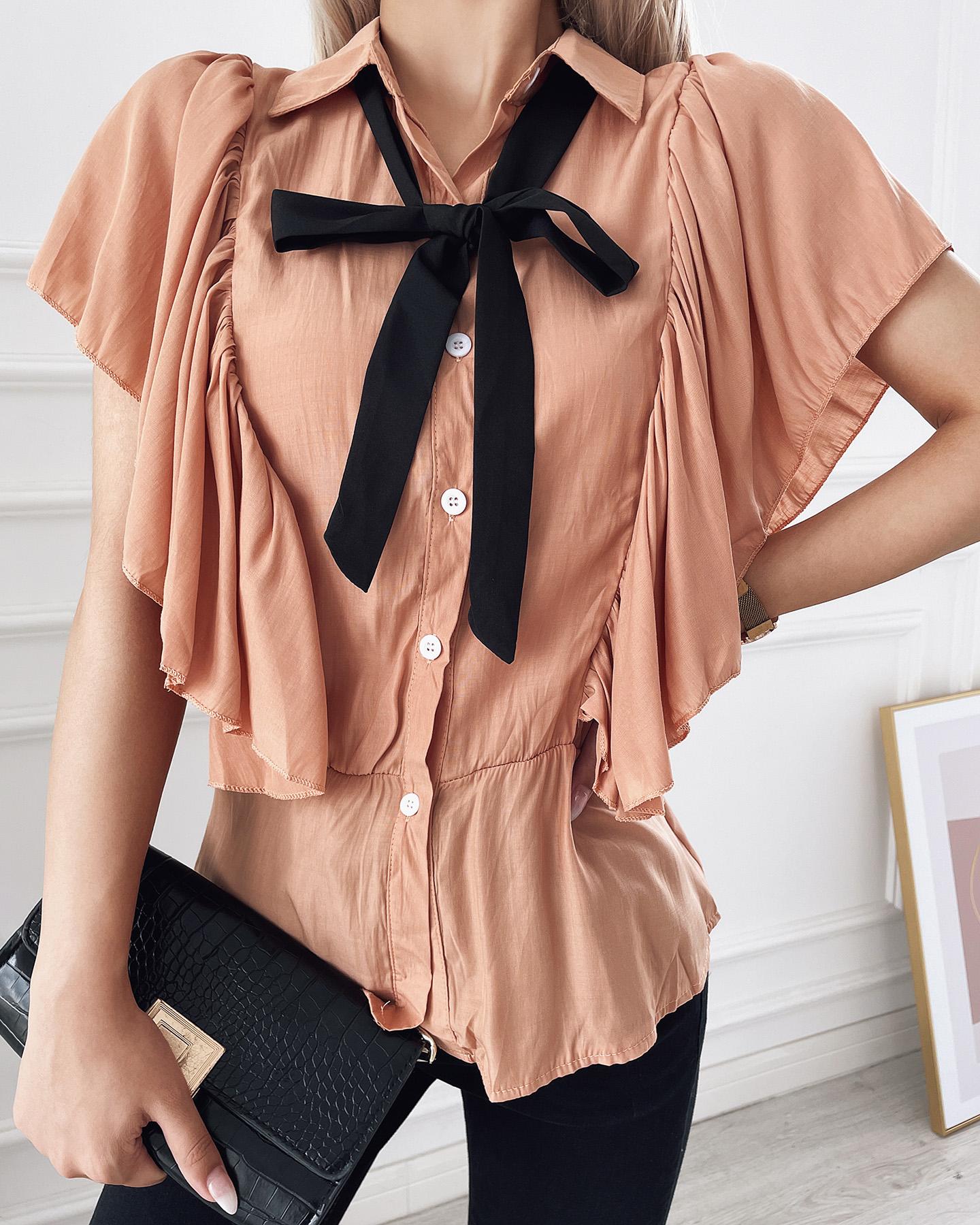

Solid Color Tie Neck Ruffle Trim Blouse, Pink