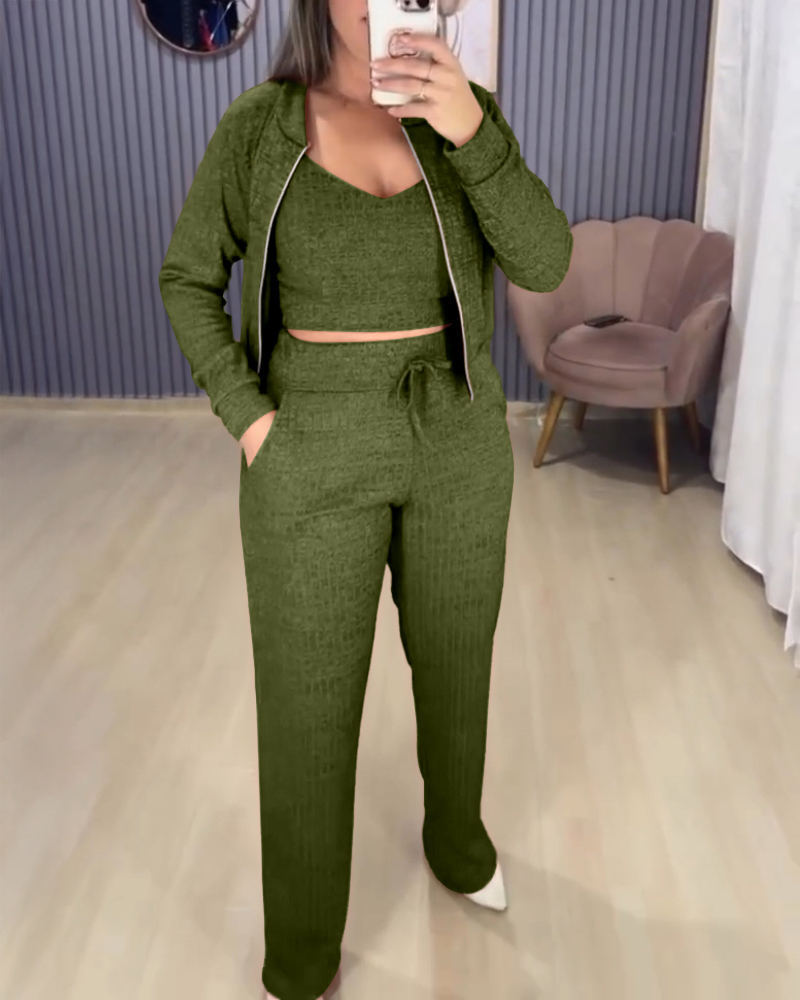 

Conjunto de cárdigan con cuello vuelto, cremallera y tirantes finos, camiseta sin mangas y pantalón informal, Army green