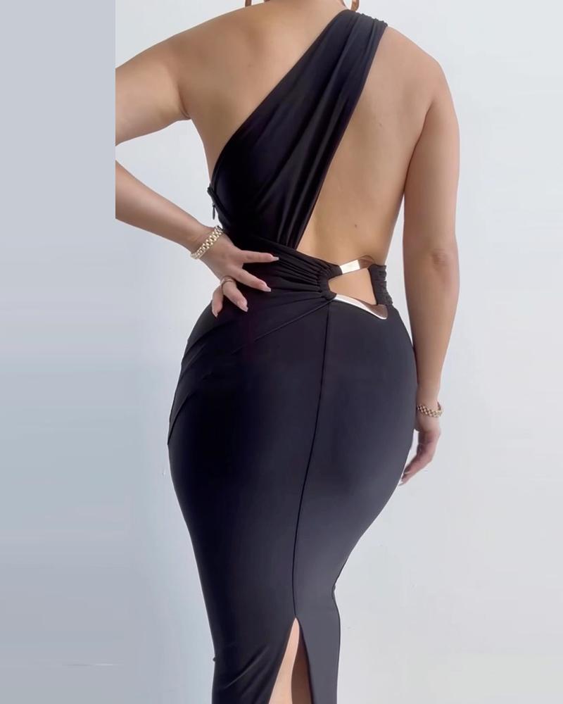 

One Shoulder Backless Slit Party Dress, Black