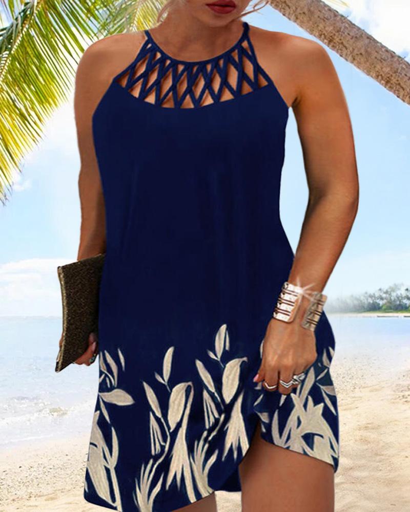 

Plus Size Plants Print Hollow Out Casual Dress, Purplish blue