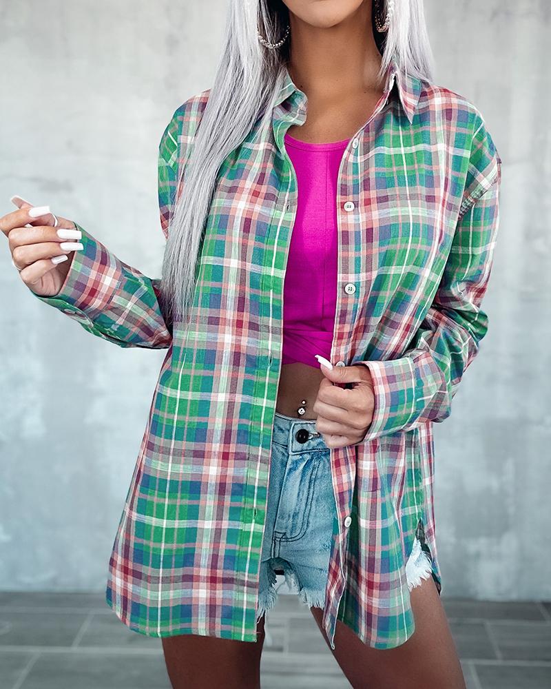 

Plaid Print Button Design Shirt, Green