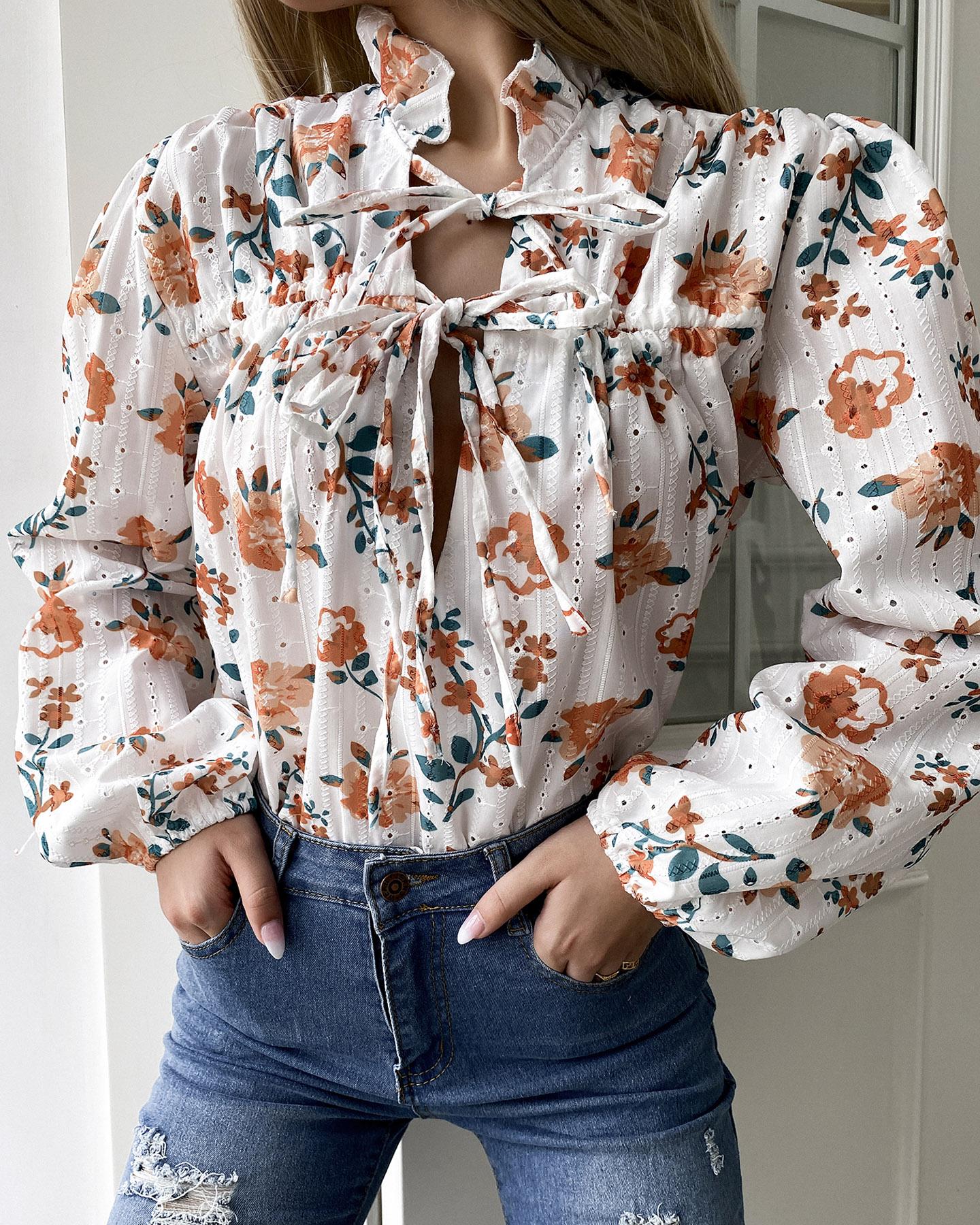 

Floral Print Tied Front Ruched Blouse, White