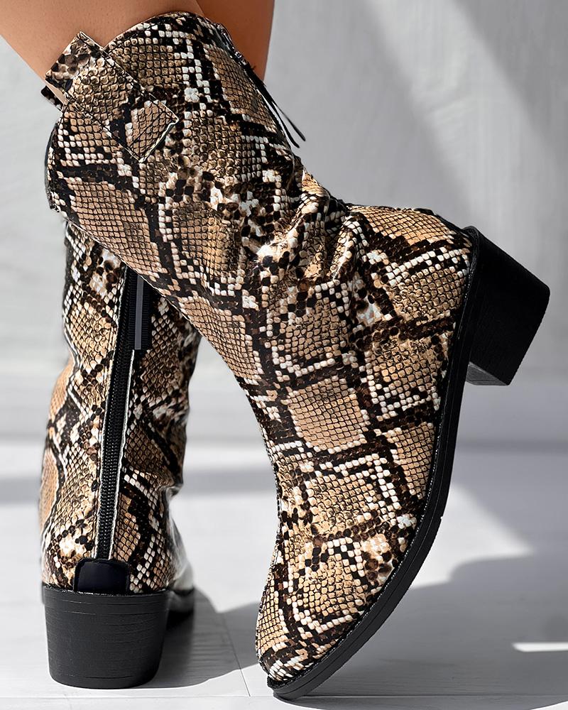 

Snakeskin Zipper Back Ankle Boots, Brown