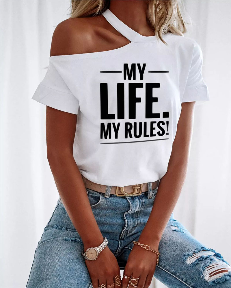 

Letter Print Cold Shoulder Casual T-shirt, White