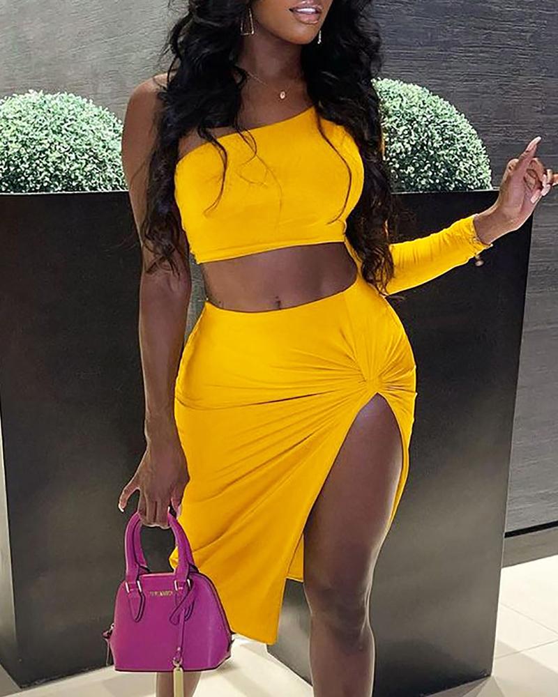

One Shoulder Crop Top & Twisted High Slit Skirt Set, Yellow