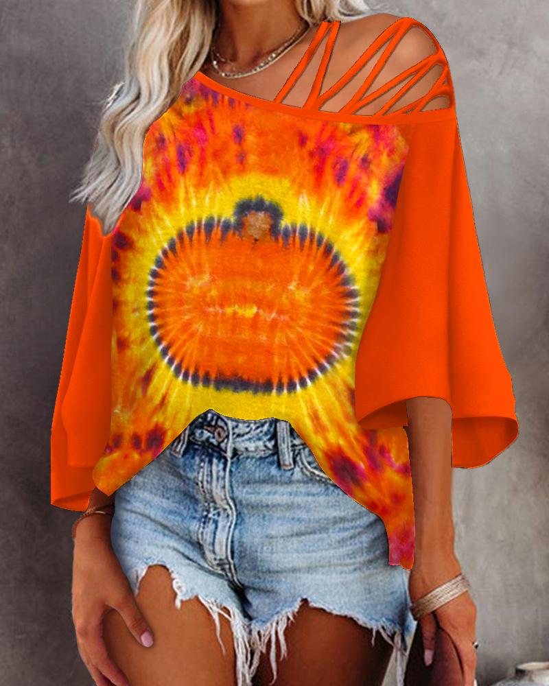 

Halloween Tie Dye Print Cold Shoulder Bell Sleeve Top, Orange