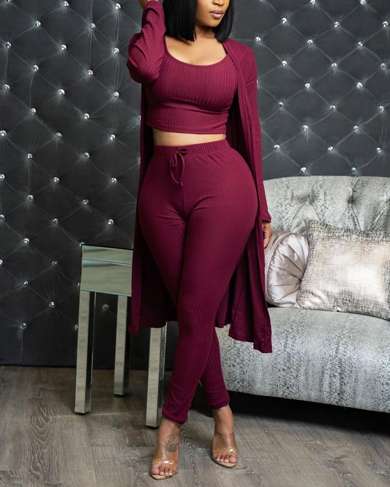 

3PCS Ribbed Crop Top & Pants Set With Longline Coat, Wine red