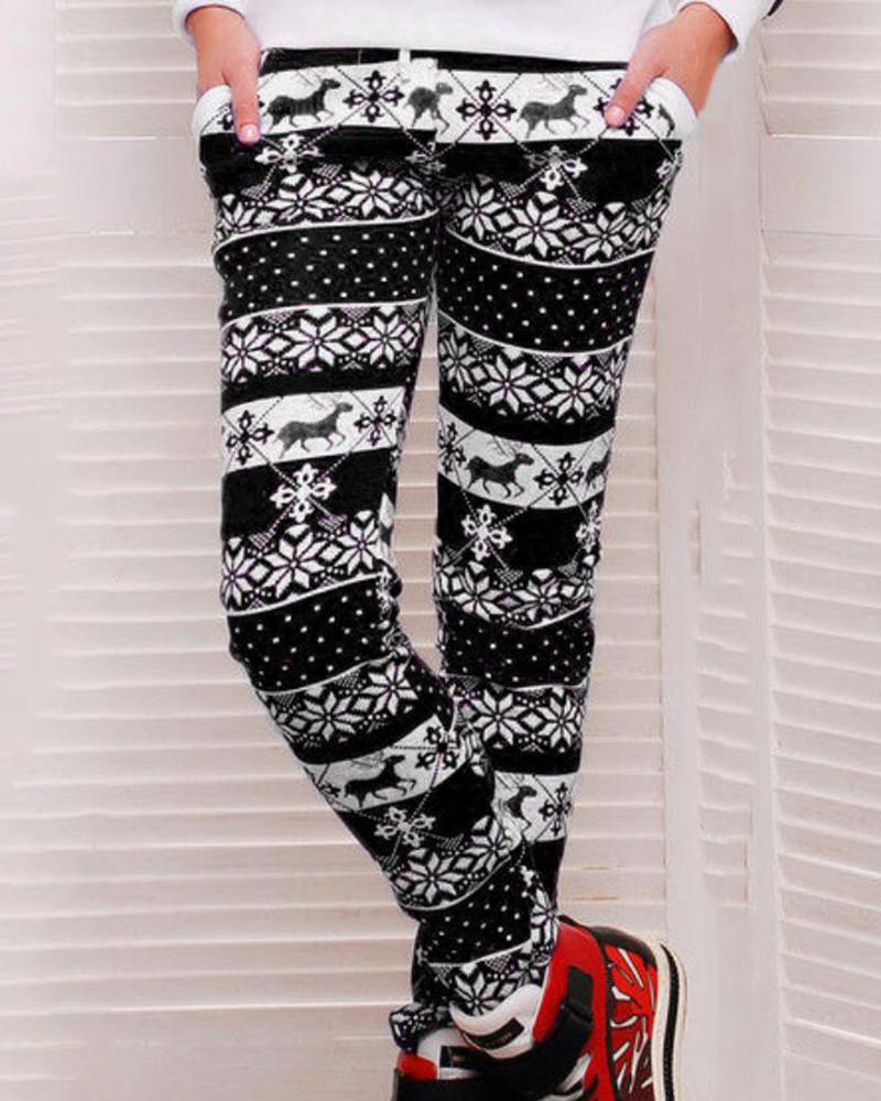 

Christmas Elk Snowflake Print Pocket Design Pants, Black