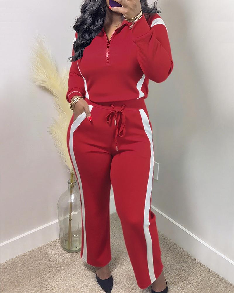 

Conjunto de 2 piezas: Top de manga larga con media cremallera y pantalón con cintura elástica con cordón, conjunto informal con paneles laterales en contraste., Red