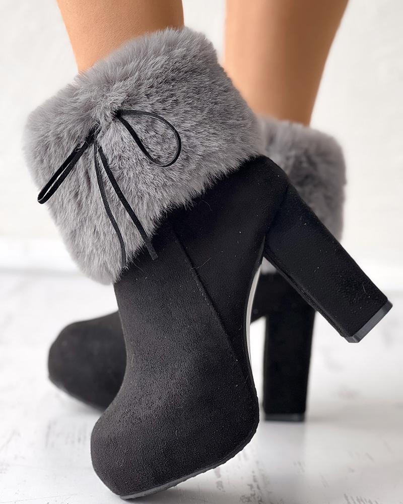 

Fuzzy Detail Chunky Heel Boots, Black