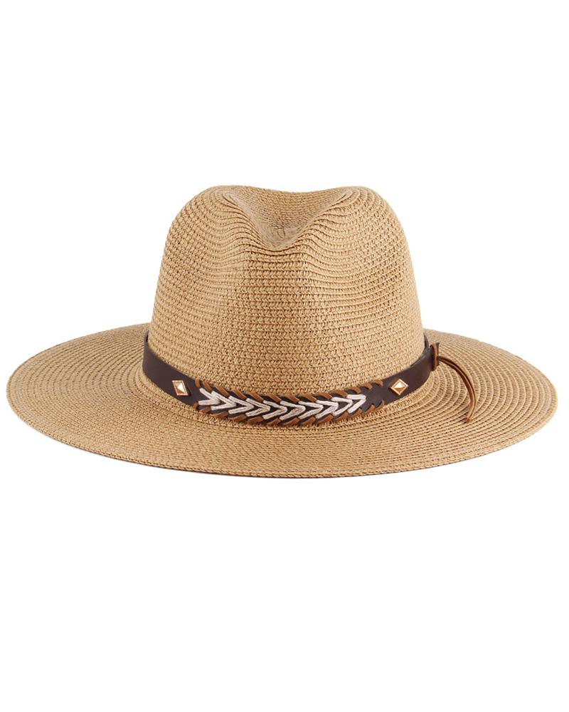 

Geometric Pattern Wide Brim Straw Hat, Khaki