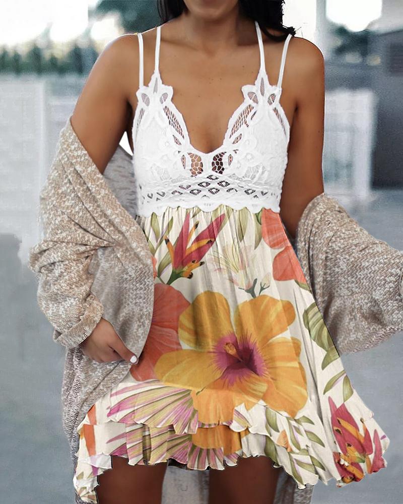 

Floral Print Crisscross Backless Ruffles Casual Swing Dress, White