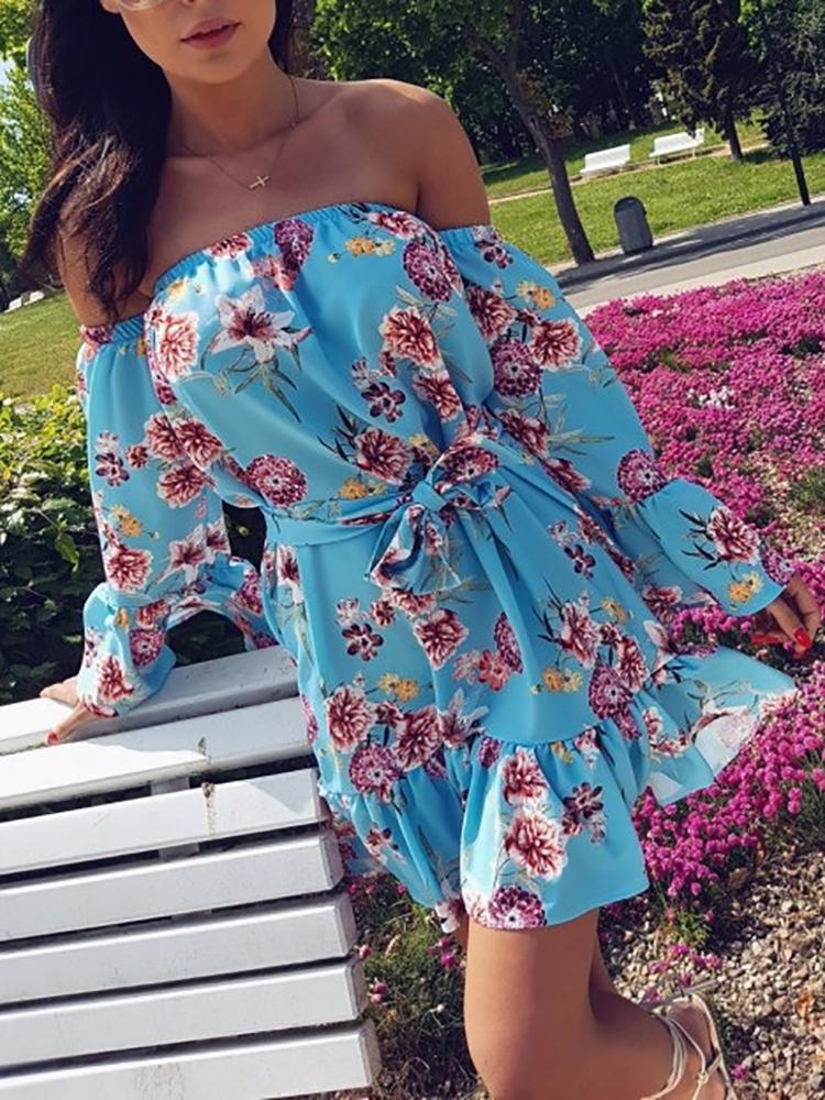 

Off Shoulder Bowknot Tied Flare Sleeve Floral Mini Dress, Blue