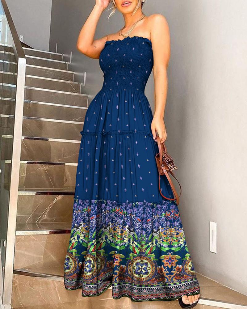 

Bandeau Ethnic Print Shirring Design Ruffles Maxi Dress, Blue