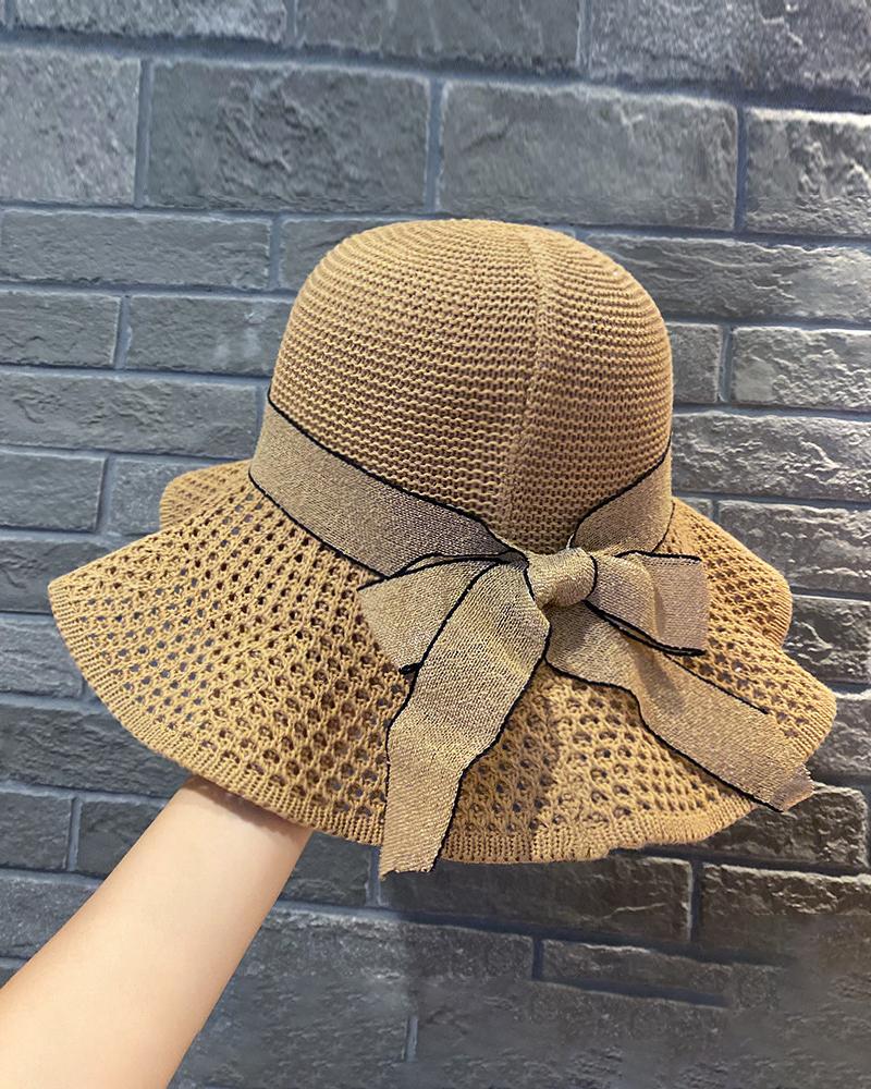 

1pc Bowknot Decor Woven Bucket Hat, Khaki