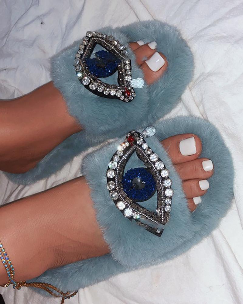 

Eyes Pattern Rhinestone Fluffy Slipper, Lighted blue