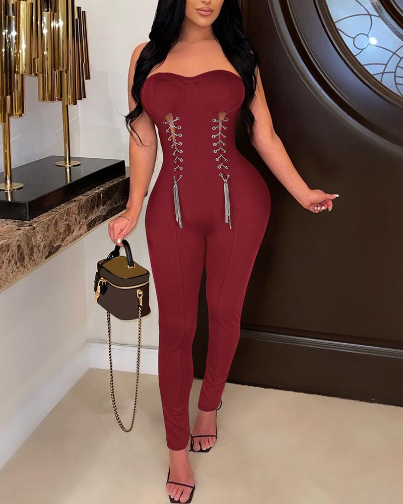 

Eyelet Chain Lace-up Bandeau Jumpsuit, Wine red
