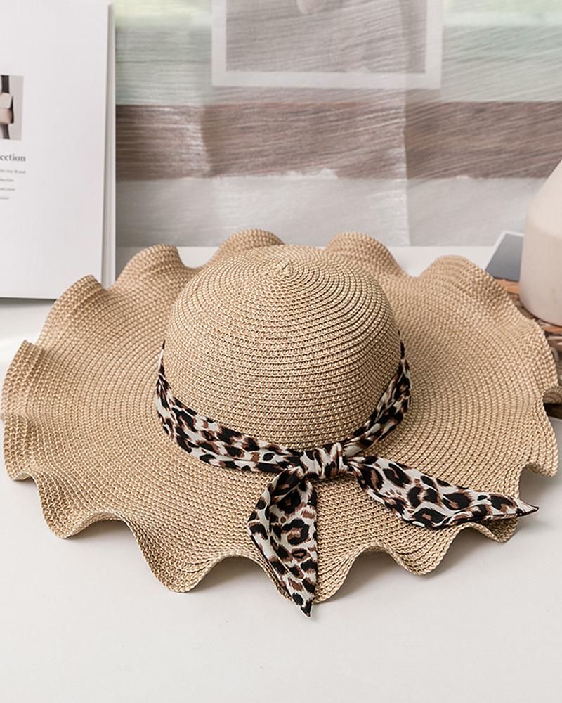 

1pc Leopard Print Bowknot Decor Straw Hat, Khaki